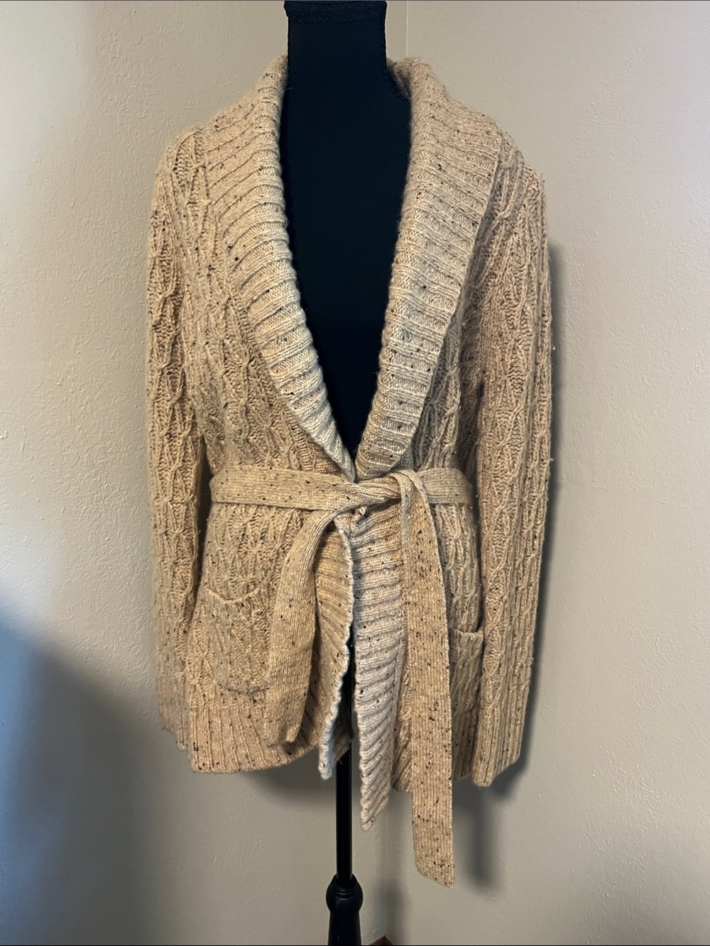 Vintage Carole Little Cream Cable-Knit Belted Cardigan Sweater-Wool Blend-Large